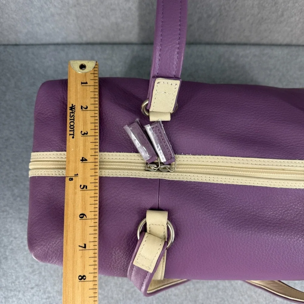 Levenger Leather Duffel Travel Weekend Touring Bag Grape Purple Cream Strap NEW
